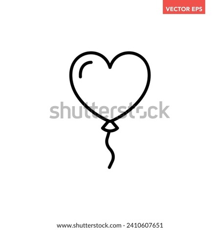 Black single flying heart balloon thin line icon, simple love symbol flat design pictogram, infographic vector for app logo web button ui ux interface elements isolated on white background