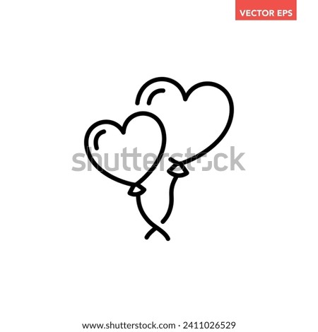 Black single flying heart balloons thin line icon, simple love symbol flat design pictogram, infographic vector for app logo web button ui ux interface elements isolated on white background