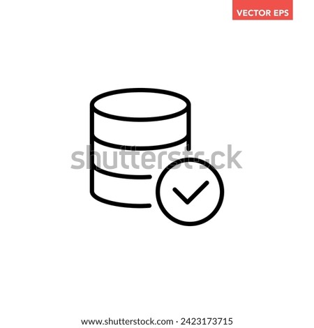 Black single database confirmed line icon, simple data with check mark flat design vector pictogram, infographic interface elements for app logo web button ui ux isolated on white background