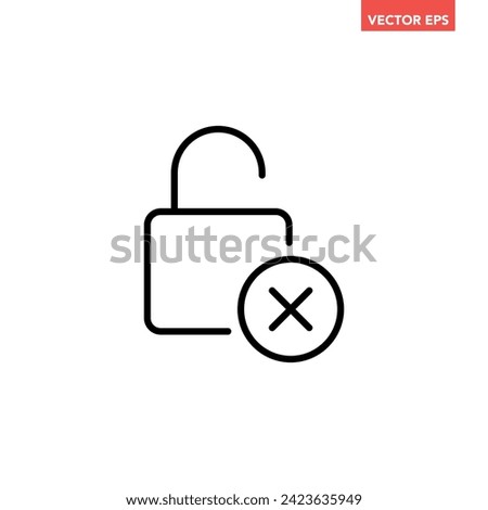 Black single unlock failed line icon, simple simple unsafe password protection flat design concept vector for app ads web banner button ui ux interface elements isolated on white background
