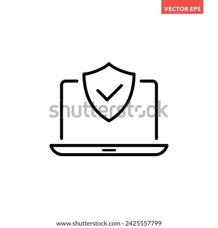 Black single laptop with security shield line icon, simple digital technology flat design infographic pictogram vector, for app logo web button ui ux interface elements isolated on white background