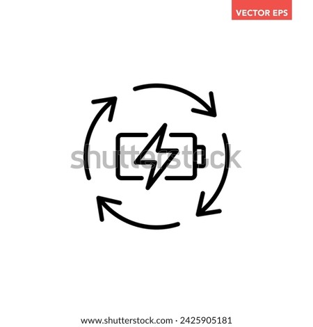 Black single recharge battery line icon, simple charging power with repeat arrow flat design pictogram, infographic illustration for app logo web button ui ux interface elements