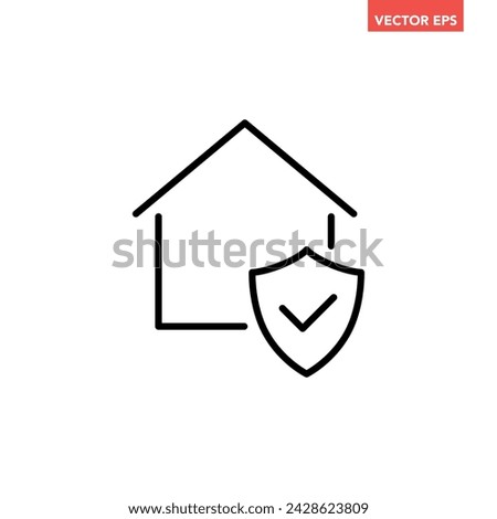 Black single home protection confirmed line icon, simple house shield flat design vector pictogram, infographic interface elements for app logo web button ui ux isolated on white background