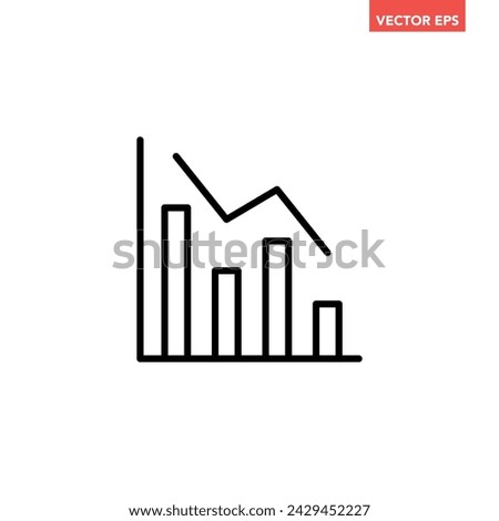 Black single financial graph with down arrow line icon, simple businese decline flat design pictogram vector for app ads web banner button ui ux interface elements isolated on white background