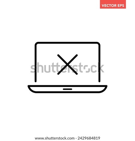 Black single laptop with red cross x line icon, simple failed system process flat design pictogram, infographic vector for app logo web button ui ux interface elements isolated on white background