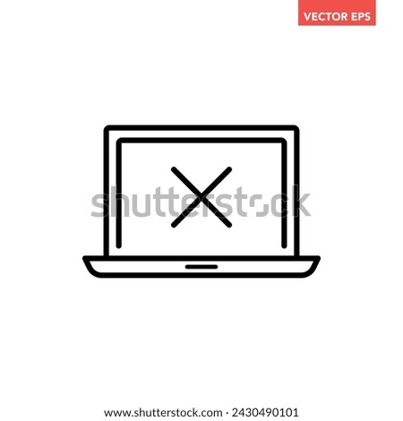 Black single monitor with cross x line icon, simple failed system process flat design pictogram, infographic vector for app logo web button ui ux interface elements isolated on white background