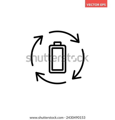 Black single recharge battery line icon, simple charging power with arrow rotation flat design pictogram, infographic illustration for app logo web button ui ux interface elements isolated on white