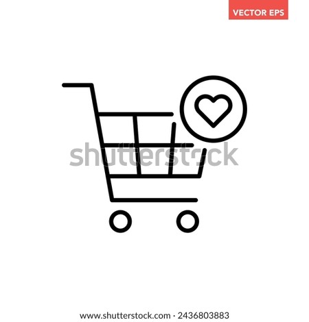 Black single add to favourite cart line icon, simple shopping cart with heart mark flat design vector pictogram, interface elements for app logo web button ui ux isolated on white background