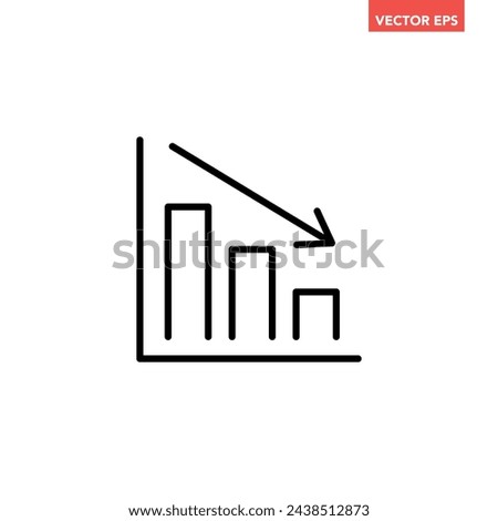 Black single financial graph with down arrow line icon, simple businese decline flat design pictogram vector for app ads web banner button ui ux interface elements isolated on white background
