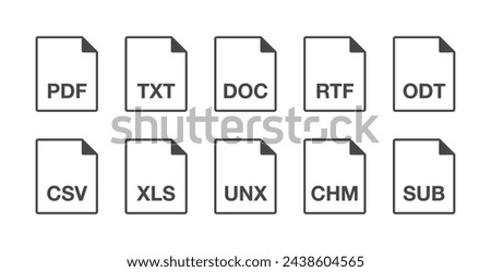 Black popular thin line text document file format icons set. Simple flat design vector infographic pictogram for app ads web website button ui ux interface elements isolated on white background
