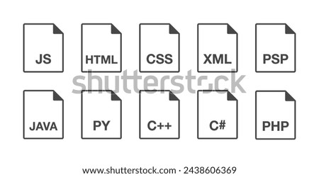 Black popular coding file format line icons set. Simple code data flat design vector infographic pictogram for app ads web website button ui ux interface elements isolated on white background