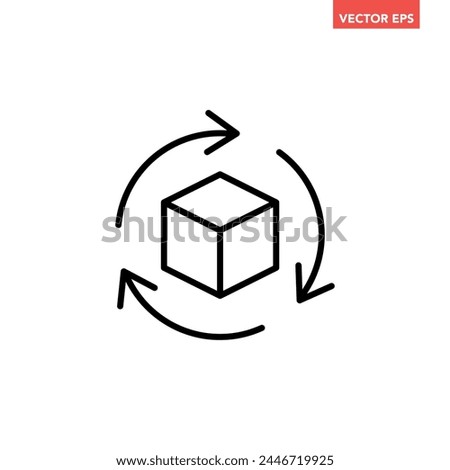 Black single rotating 3D cube model line icon, simple virtual reality flat design illustration pictogram for infographic interface elements for app logo web button ui isolated on white background