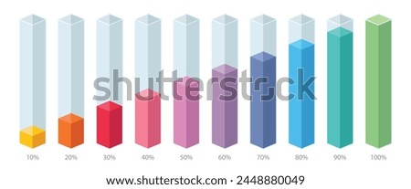 Colourful slim chart bars template, 10%-100% number text. Flat design interface illustration inforchart infographic elements for app ui ux web banner button vector isolated on white background