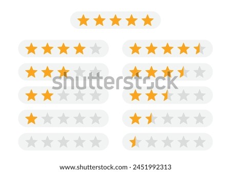 Golden rating stars review or feedback set collection. Digital graphic symbol flat design interface illustration elements for app ui ux web banner button vector isolated on white background