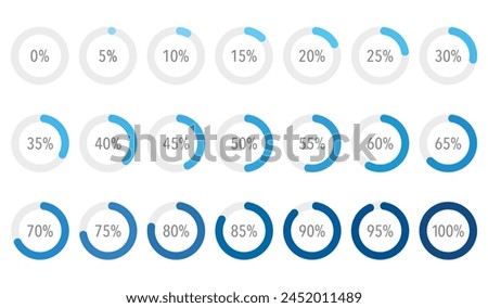 Set of blue gradient infographic pie charts, segment of circle icons 10% - 100%, simple flat design loading data interface elements app button ui ux web, vector isolated on white background