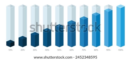 Blue gradient slim chart bars template, simple clear 10%-100% infograph set. Info graphic flat design interface illustration elements for app ui ux web banner button vector isolated on dark background