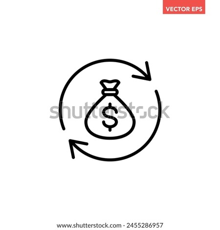 Black round money transfer line icon, simple arrow financial dollar mark sale flat design vector pictogram, infographic interface elements for app logo web button ui ux isolated on white background