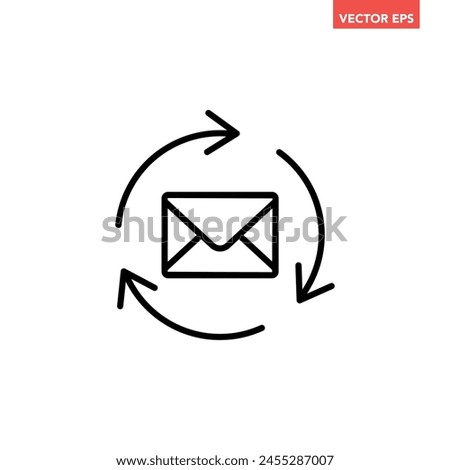 Single black email refresh line icon, simple message with turning circle flat design pictogram vector for app logo ads web webpage button ui ux interface elements isolated on white background