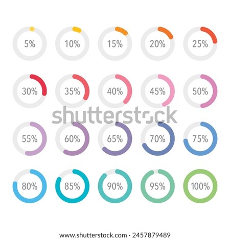 Colorful infographic percentage piecharts set, segment of hole circle icons 10% - 100%, simple flat design loading data interface elements app button ui ux web, vector isolated on white background