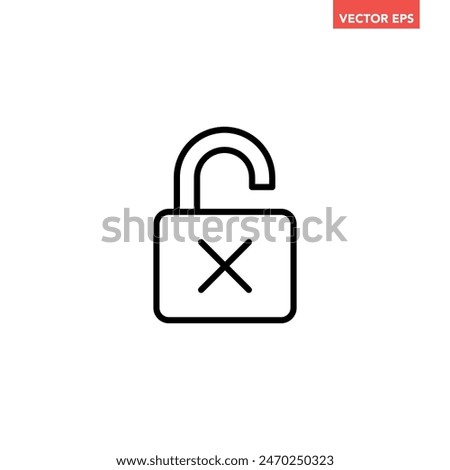 Black single unlock failed line icon, simple simple unsafe password protection flat design concept vector for app ads web banner button ui ux interface elements isolated on white background