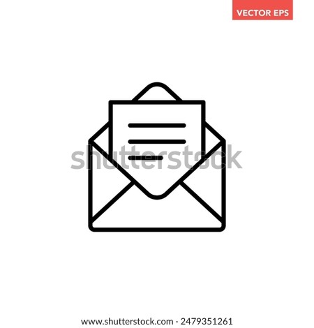 Black single email letter line icon, simple mail envelope flat design vector pictogram, infographic interface elements for app logo web button ui ux isolated on white background