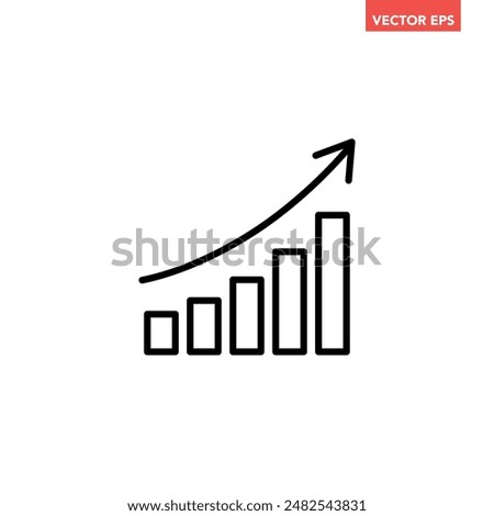 Black single arrow growing up chart graph bars line icon, success graph trending upwards flat design interface infographic element for app ui ux web button, vector isolated on white background