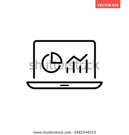 Black single data analysis on monitor line icon, simple financial dashboard admin flat design vector pictogram infographic interface elements for app logo web button ui ux isolated on white background