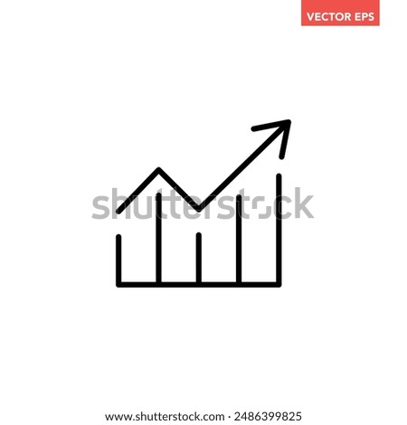 Black single arrow growing up chart graph bars line icon, success graph trending upwards flat design interface infographic element for app ui ux web button, vector isolated on white background