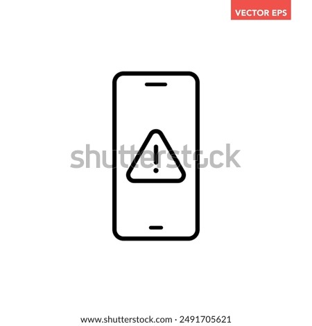 Single black phone with alert notification line icon, simple device warning flat design vector pictogram, infographic interface elements for app logo web button ui ux isolated on white background