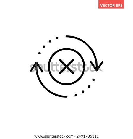 Black round check sync unapproved line icon, simple cycle rotating arrows sync flat design pictogram vector for app logo ads web webpage button ui ux interface elements isolated on white background