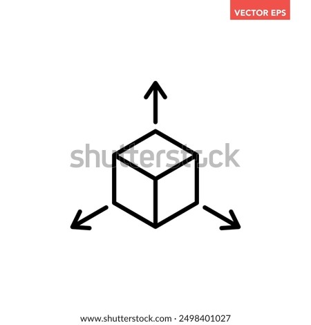 Black single isometric cube with axes line icon, simple tridimensional coordinate Spaces flat design pictogram vector for app ads web banner ui ux interface element isolated on white background