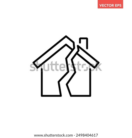 Black single damage house line icon, simple broken family relationship flat design illustration infographic pictogram vector, app logo web button ui ux interface elements isolated on white background