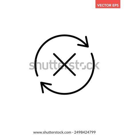 Black round check sync unapproved line icon, simple cycle rotating arrows sync flat design pictogram vector for app logo ads web webpage button ui ux interface elements isolated on white background