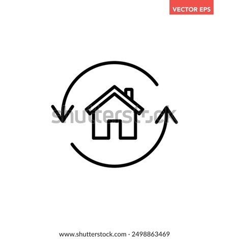 Single black house renovation line icon, simple update home with arrow flat design pictogram vector for app logo ads web webpage button ui ux interface elements isolated on white background