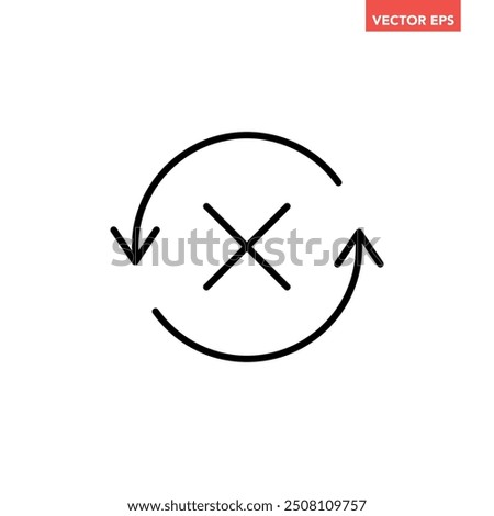 Black round check sync unapproved line icon, simple cycle rotating arrows sync flat design pictogram vector for app logo ads web webpage button ui ux interface elements isolated on white background