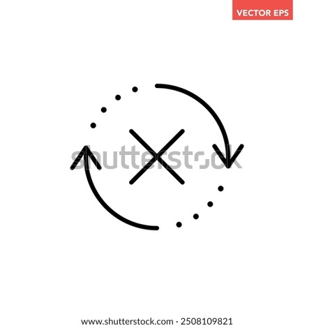 Black round check sync unapproved line icon, simple cycle rotating arrows sync flat design pictogram vector for app logo ads web webpage button ui ux interface elements isolated on white background