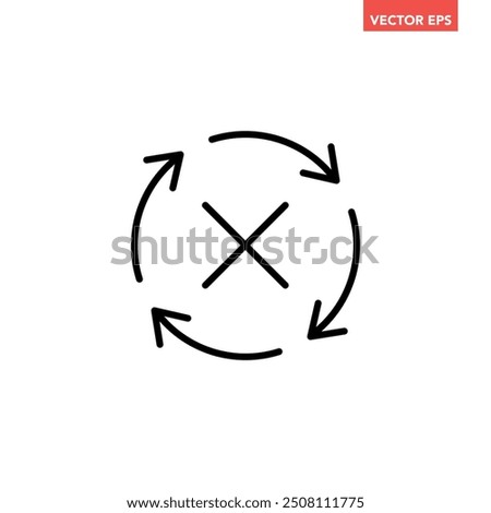 Black round check sync unapproved line icon, simple cycle rotating arrows sync flat design pictogram vector for app logo ads web webpage button ui ux interface elements isolated on white background