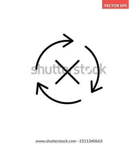 Black round check sync unapproved line icon, simple cycle rotating arrows sync flat design pictogram vector for app logo ads web webpage button ui ux interface elements isolated on white background