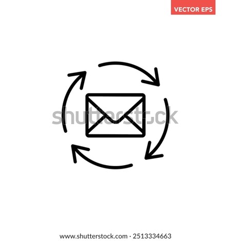 Single black email refresh line icon, simple message with turning circle flat design pictogram vector for app logo ads web webpage button ui ux interface elements isolated on white background