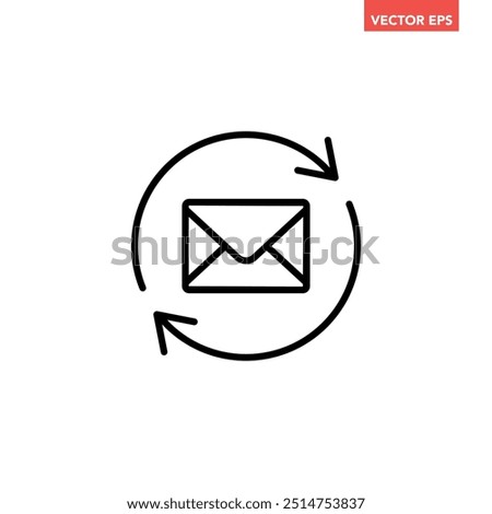 Single black email refresh line icon, simple message with turning circle flat design pictogram vector for app logo ads web webpage button ui ux interface elements isolated on white background