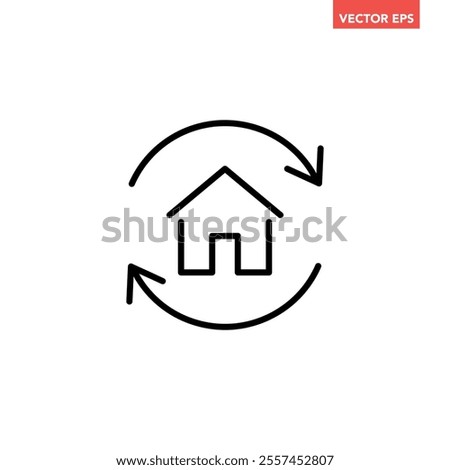 Single black house renovation line icon, simple update home with arrow flat design pictogram vector for app logo ads web webpage button ui ux interface elements isolated on white background