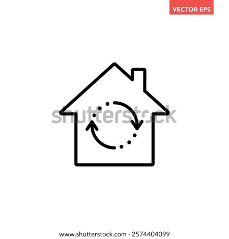 Single black house renovation line icon, simple update home with arrow flat design pictogram vector for app logo ads web webpage button ui ux interface elements isolated on white background