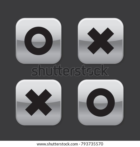 Shiny metal o and x rounded square shape icons with shadow, control panel interface flat design vector pictogram, infographic elements for app web button ui ux isolated on black background