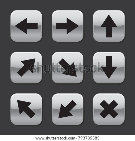 Metal glossy arrow directions icon buttons, simple rounded square shape control panel interface flat design vector pictogram, infographic elements for app web button ui ux isolated on black background