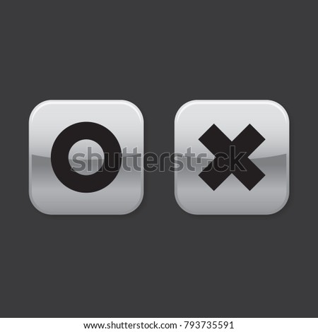 Glossy grey o and x rounded square shape icons with shadow, black modern style circle and cross, vector, isolated on dark background