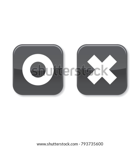 Glossy o and x rounded square shape icons with shadow, dark grey circle and cross, vector, isolated on white background