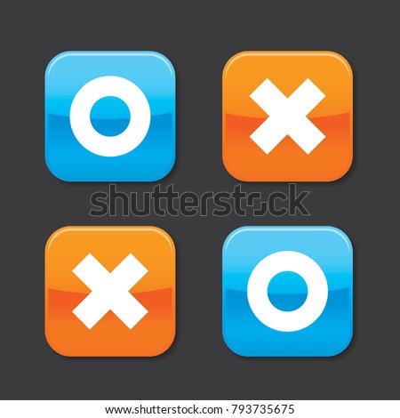 Glossy o and x rounded square shape icons with shadow, blue circle and orange cross, vector, isolated on dark background