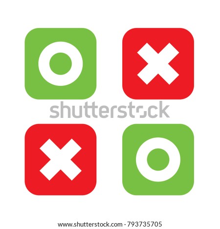Flat o and x rounded square shape icons, green circle and red cross, vector, isolated on white background