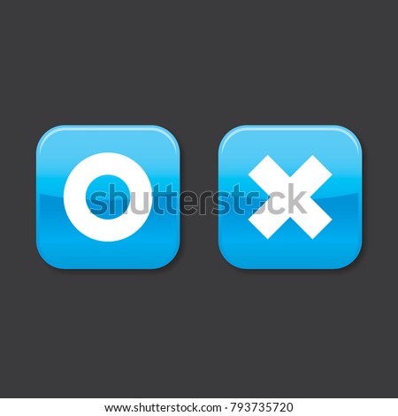 Glossy o and x rounded square shape icons with shadow, blue circle and cross, vector, isolated on dark background