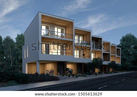 3d rendering of townhouses in the evening